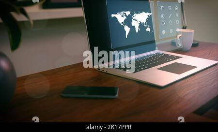 mobile phone in front of laptop UI on laptop screen Stock Photo