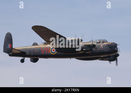 Fairford, UK. 16th July, 2022. Military aircraft from across the globe on display for the RIAT Royal International Air Tattoo. The BBMF Avro Lancaster bomber arriving at RIAT, Fairford, UK Stock Photo