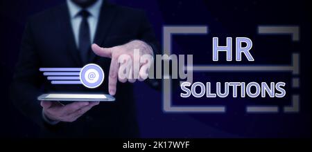 Handwriting text Hr Solutions. Word Written on Outsourced Human resources consultancy and support Experts Stock Photo
