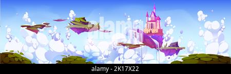 Fantastic pink castle and waterfall flying on island in sky. Cartoon illustration of magic landscape with royal palace and pieces of green land flying Stock Vector