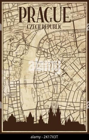 Framed downtown streets network printout map of PRAGUE, CZECHIA Stock Vector