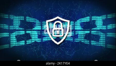 Image of two digital glowing chains with numbers, online security padlock data processing with network of connections in the background. Online securi Stock Photo