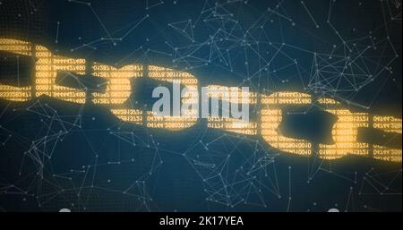 Image of digital glowing chain with numbers, data processing and digital interface with network of connections in the background. Online security conc Stock Photo