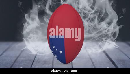 Composition of rugby ball decorated with the flag of samoa on black background with smoke. sport and international competition concept digitally gener Stock Photo