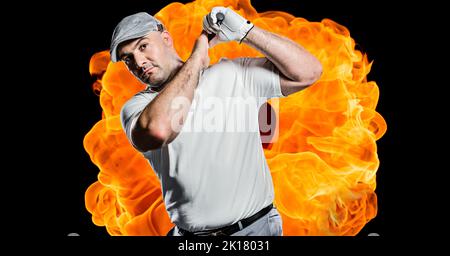 Composition of male golf player over flames on black background. sport and competition concept digitally generated image. Stock Photo