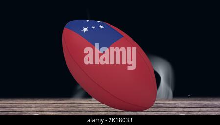 Composition of rugby ball decorated with the flag of samoa on black background with smoke. sport and international competition concept digitally gener Stock Photo