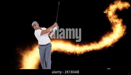 Composition of male golf player over flames on black background. sport and competition concept digitally generated image. Stock Photo