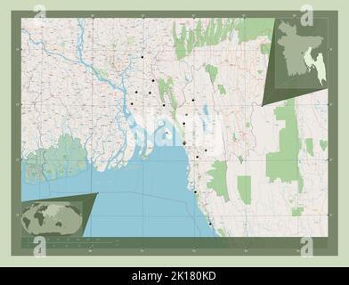 Chittagong, division of Bangladesh. Open Street Map. Locations of major cities of the region. Corner auxiliary location maps Stock Photo