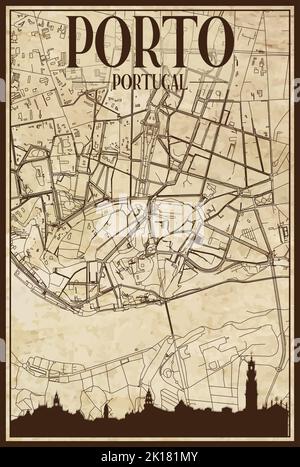 Framed downtown streets network printout map of PORTO, PORTUGAL Stock Vector