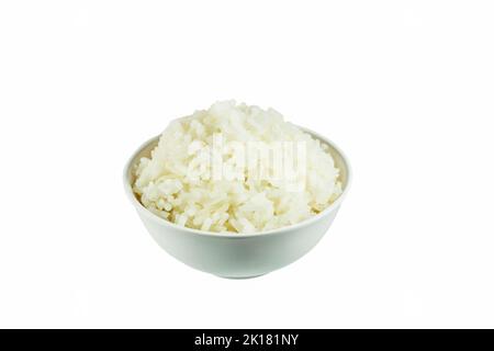Hot cooked asian rice meal in the ceramic bowl on white background Stock Photo
