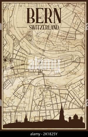 Framed downtown streets network printout map of BERN, SWITZERLAND Stock Vector