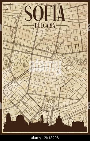 Framed downtown streets network printout map of SOFIA, BULGARIA Stock Vector