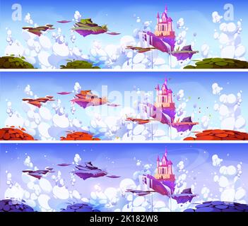 Pink magic castle on floating island in night sky with fluffy clouds ...