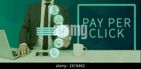 Text sign showing Pay Per Click. Word for Internet Advertising Model Search Engine marketing Strategy Stock Photo