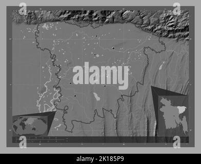 Sylhet, division of Bangladesh. Bilevel elevation map with lakes and rivers. Locations of major cities of the region. Corner auxiliary location maps Stock Photo