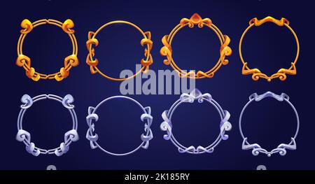 Vintage circle golden and silver frames for rpg game avatars and elements. Empty fantasy golden and metal borders in medieval style isolated on backgr Stock Vector