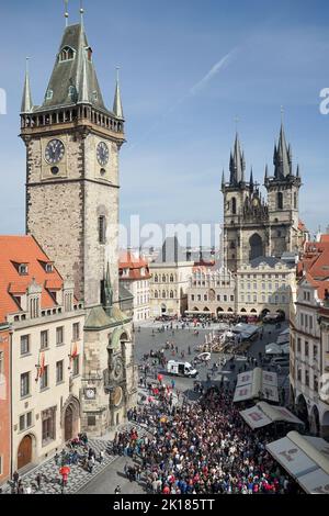 Prague, Czech Republic - September 24 : Old City Hall Tower and Church of Our Lady before Tyn in Prague on September 24, 2014 Stock Photo