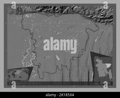 Sylhet, division of Bangladesh. Bilevel elevation map with lakes and rivers. Locations and names of major cities of the region. Corner auxiliary locat Stock Photo