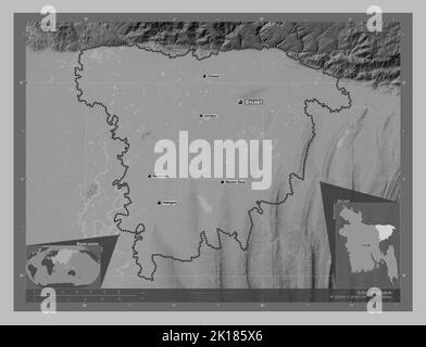 Sylhet, division of Bangladesh. Grayscale elevation map with lakes and rivers. Locations and names of major cities of the region. Corner auxiliary loc Stock Photo