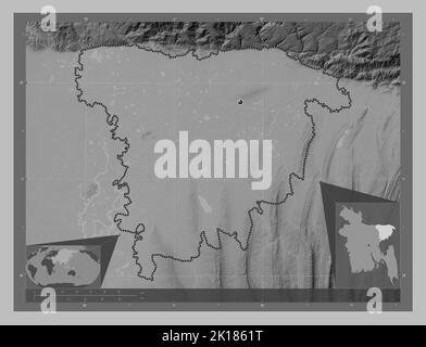 Sylhet, division of Bangladesh. Grayscale elevation map with lakes and rivers. Corner auxiliary location maps Stock Photo