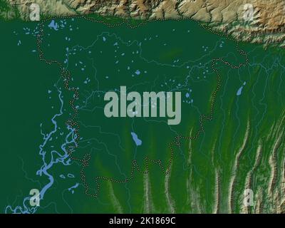 Sylhet, division of Bangladesh. Colored elevation map with lakes and rivers Stock Photo