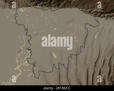 Sylhet, division of Bangladesh. Elevation map colored in sepia tones with lakes and rivers Stock Photo