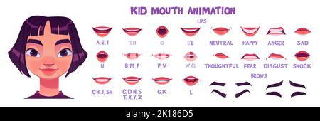 Asian girl mouth animation sprite sheet. Child lips poses in pronunciation different english phoneme and different emotions. Vector cartoon set of kid Stock Vector