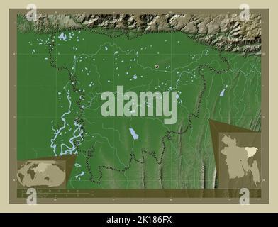 Sylhet, division of Bangladesh. Elevation map colored in wiki style with lakes and rivers. Corner auxiliary location maps Stock Photo