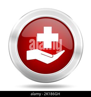 Hospital red glossy vector icon, healthcare concept silver metallic round web button Stock Vector