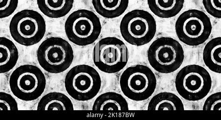 Seamless painted concentric circles or bullseye target motif black and white artistic acrylic paint texture background. Tileable creative grunge monoc Stock Photo