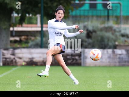 Paris, France. 16th Sep, 2022. Chinese player Yang Lina attends a training session at the Bougival Paris Saint-Germain football club's training ground in Bougival, northwest of Paris, France, Sept. 16, 2022. Credit: Gao Jing/Xinhua/Alamy Live News Stock Photo