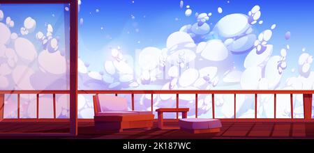 Wooden terrace view on fluffy clouds in blue sky. Outdoor home or hotel patio with sofa and table on wood floor at nature landscape with beautiful clo Stock Vector