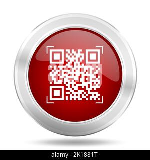 QR code red glossy vector icon, business concept silver metallic round web button Stock Vector
