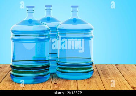 Bottled Water on the wooden planks, 3D rendering Stock Photo