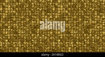 Seamless shiny gold leaf or foil luxury mosaic tiles background. Modern abstract crumpled chocolate candy bar wrapper squares pattern. High resolution Stock Photo