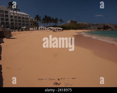 New St. Regis Hotel on St. Catherines beach with Fort St. Catherine in the distance. Stock Photo