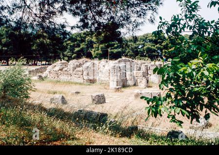 Gymnasion at Epidaurus - a small city (polis) in ancient Greece, on the Argolid Peninsula at the Saronic Gulf, best known for its ancient Greek sanctuary. March 1980. Archival scan from a slide. Stock Photo