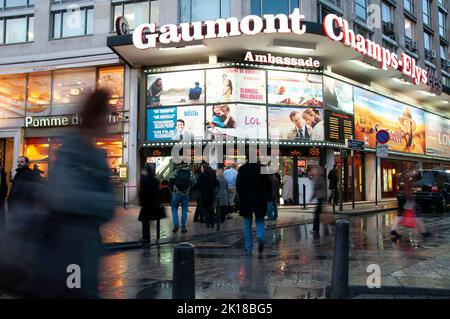 Paris, France, Crowd People, Street Scene, Cinemas Storefront, lit up at dusk, on Ave. Champs-Elysees, Street Scene, Night, Lights, Movie Theatre Marquee, Film Posters, Electric Sign Logo exterior Stock Photo