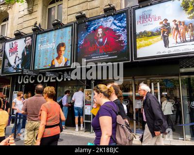 Paris, France, Large Crowd People, UGC Odeon, Cinema Theater on Crowded Street, Blvd. Saint Germain, Street Scene, Movie Theater Marquee with Film Posters ('Tomboy') Stock Photo