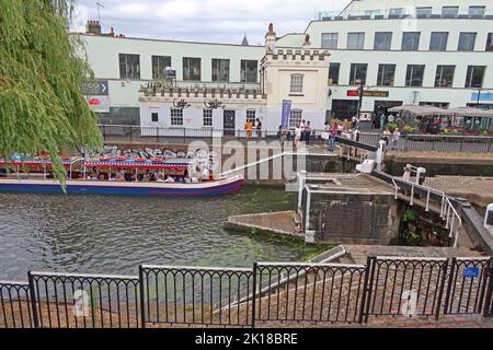 The Jenny Wren, day canal boat, at Camden Lock Place, North London, England, UK, NW1 8AF Stock Photo