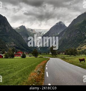 Briksdalen and Olden, Stryn, Vestland, Norway. Stock Photo