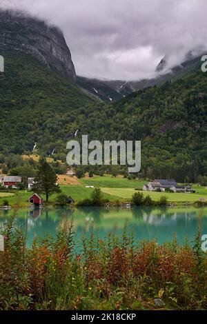 Briksdalen and Olden, Stryn, Vestland, Norway. Stock Photo