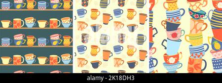 Cups seamless patterns. Coffee cup, stacked mugs and pottery teacups. Kitchen backgrounds vector set Stock Vector