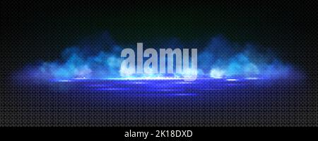 Smoke, magic haze clouds, blue glowing steam in nightclub perspective view. Background with fog or mist spreading over dark water surface. Mysterious Stock Vector