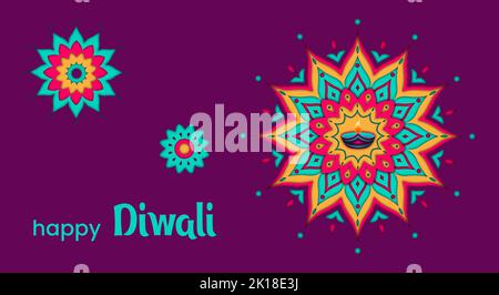 Happy Diwali. Dark purple background with diwali flower elements, mandala vectors, diya with fire. Bright ornament for deepawali. Holiday of light Stock Vector