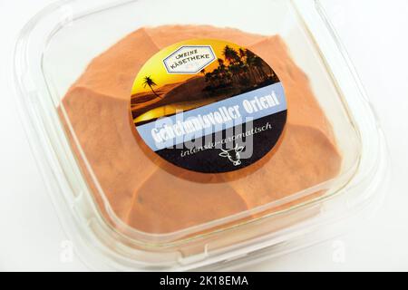 Hamburg, Germany - September 16  2022: Meine Käsetheke Streichcreme Geheimnisvoller Orient Brotaufstrich im Becher - My cheese counter Mysterious Orie Stock Photo