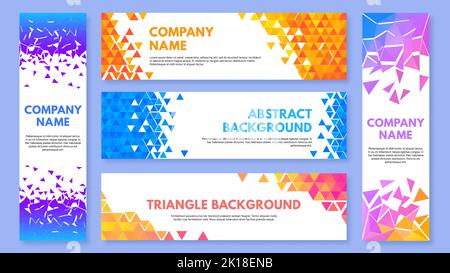 Color triangles banner. Abstract triangulation elements background, geometric corners with triangle cells pattern vector set Stock Vector