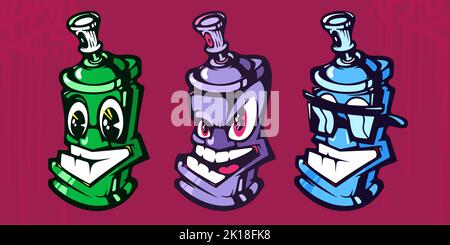 Cartoon Abstract Hiphop Graffiti Style Spray Cans Vector Illustration Template Set Stock Vector