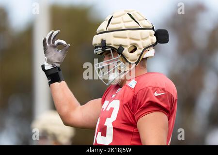 San Francisco 49ers offensive tackle Spencer Burford (74) takes part in  drills during the NFL team's football training camp in Santa Clara, Calif.,  Tuesday, Aug. 1, 2023. (AP Photo/Jeff Chiu Stock Photo - Alamy