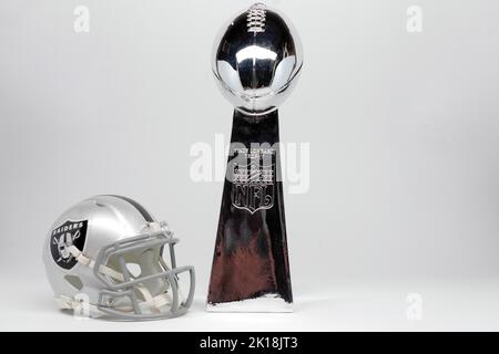 Detailed view of Las Vegas Raiders (left) and Los Angeles Rams helmets and Super  Bowl Vince Lombardi Trophy. Photo via Credit: Newscom/Alamy Live News Stock  Photo - Alamy